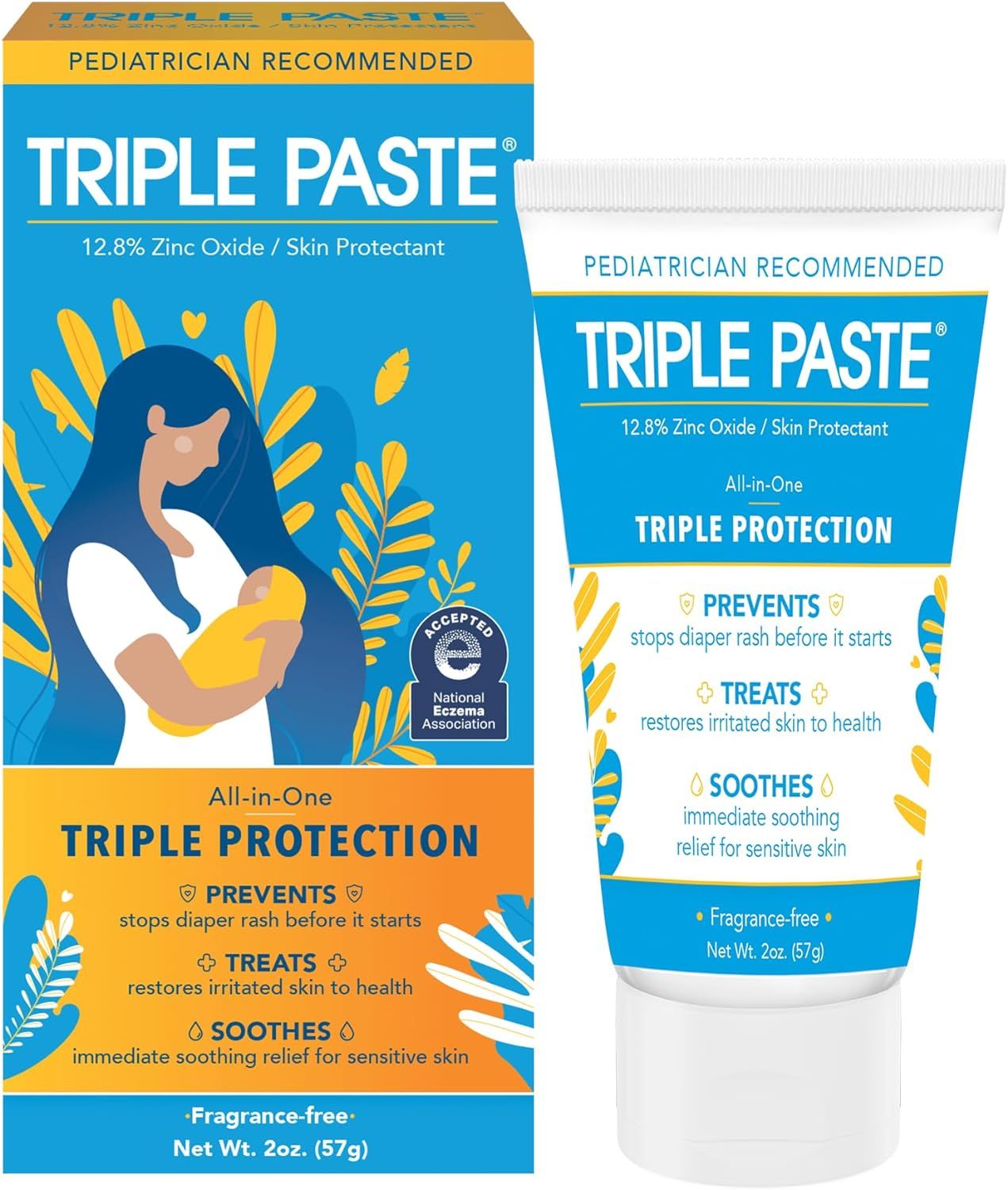 Triple paste diaper rash and skincare cream containers shown in blue and gold packaging with illustrations.