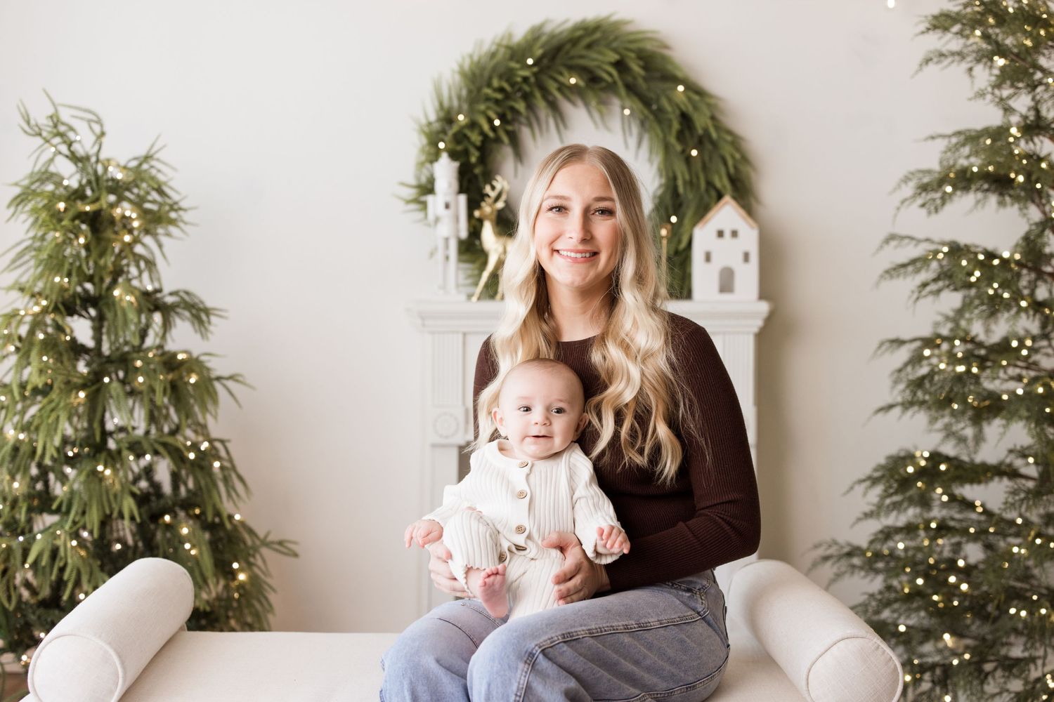 A collection of four lifestyle photos showing a cozy indoor scene with evergreen trees and holiday decor.