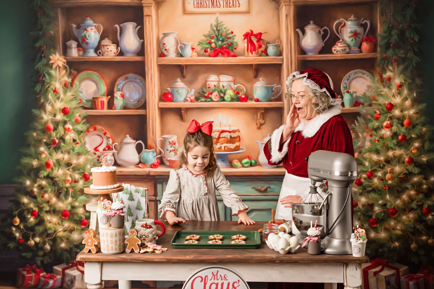 A whimsical Christmas baking scene with holiday decorations and vintage teapots on display.