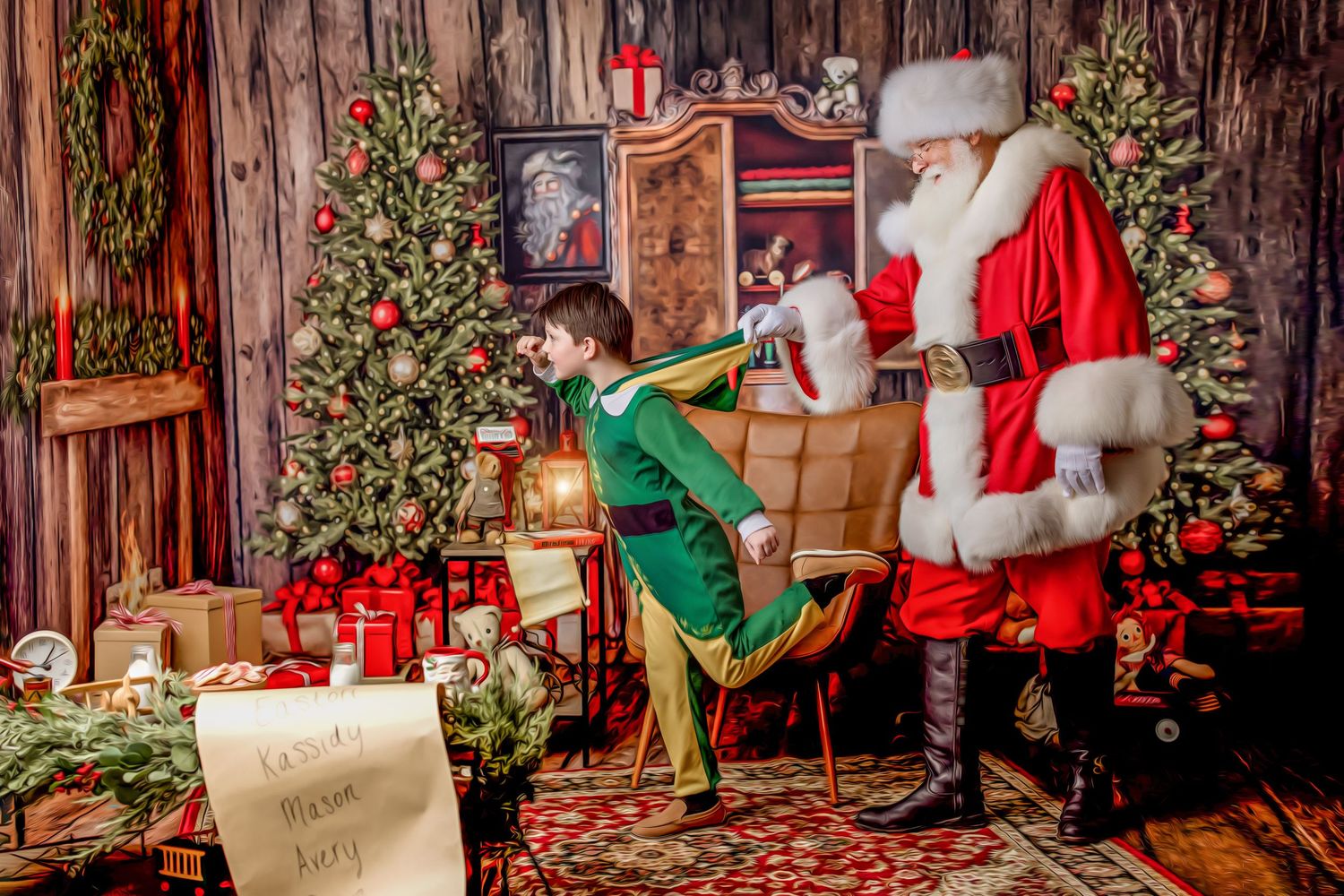 Christmas setting with decorated tree, Santa's chair, and rustic wood background.