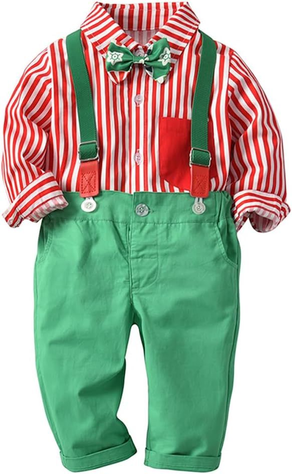 Red and white striped shirt with green overalls and bow tie create a festive Christmas holiday outfit for children.