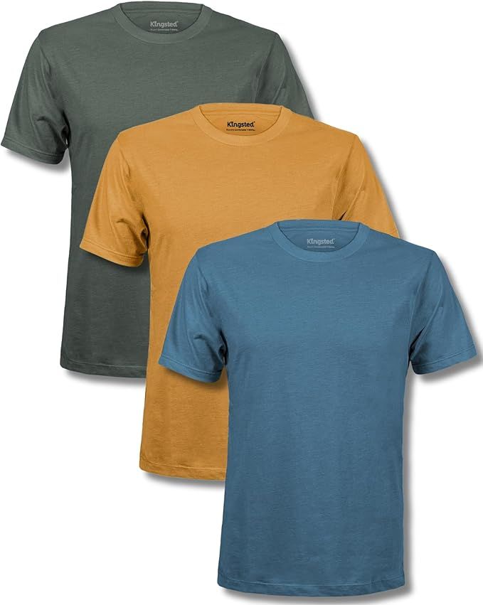 Plain crew neck t-shirts in olive green, mustard yellow and dusty blue colors shown laid flat against white background.