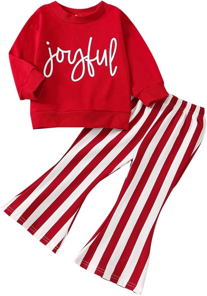 Red and white striped Christmas pajama set with 'Joyful' text design displayed in multiple angles.