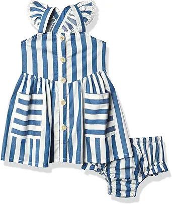 Blue and white striped sleeveless button-front dress with ruffled shoulders and matching diaper cover for babies.