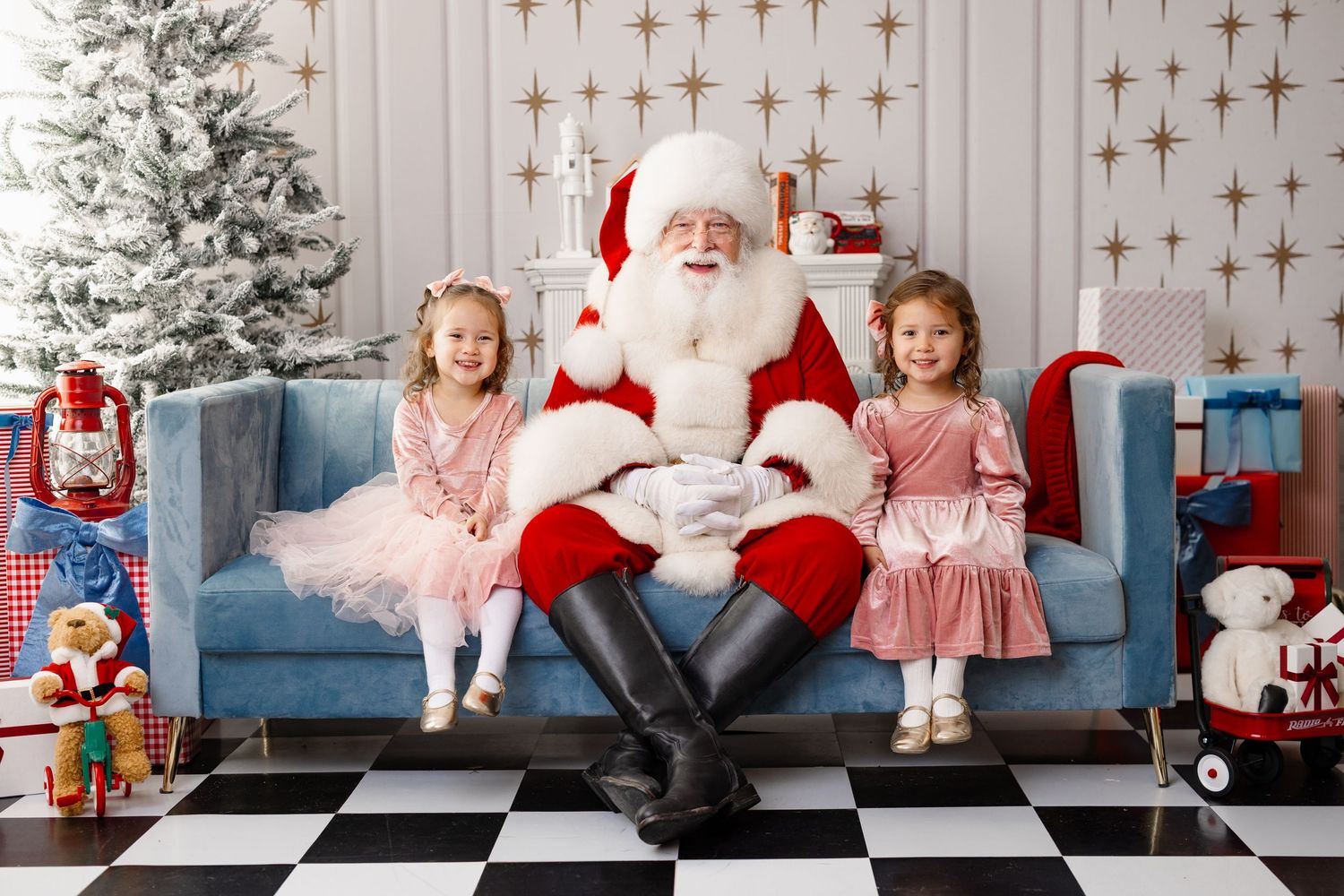 A festive holiday photo collage showing a Christmas scene with a blue couch, decorative stars, and presents.