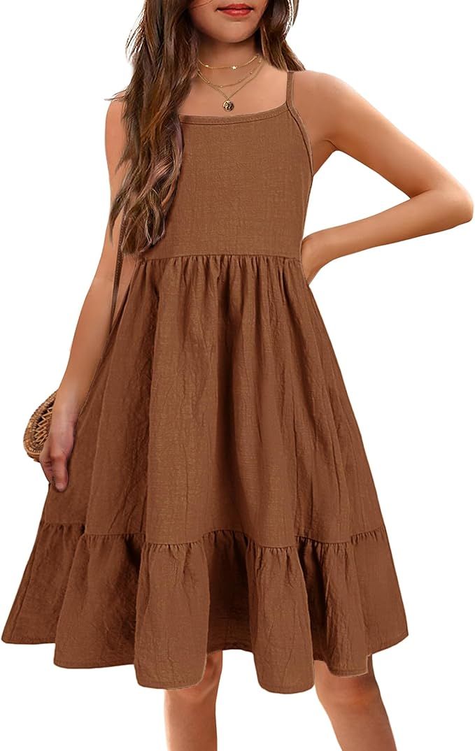 Brown linen babydoll dress with tiered ruffle hem and spaghetti straps shown from different angles on white background.