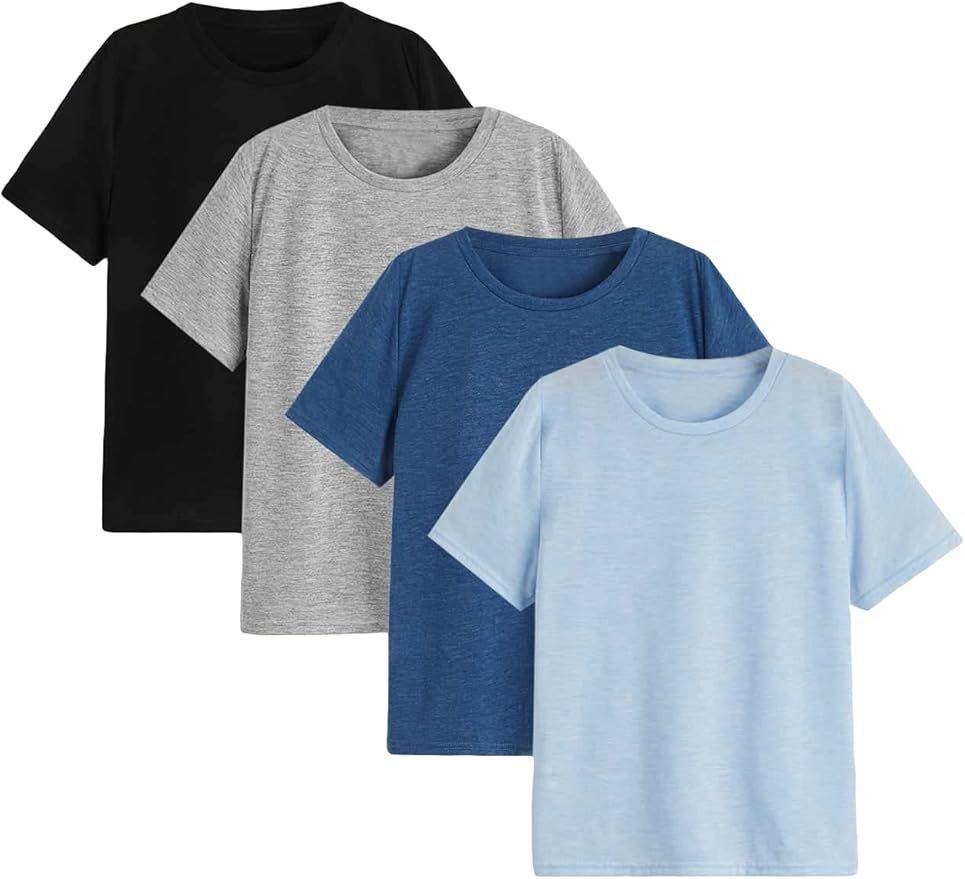 A collection of basic t-shirts arranged in a row showing various shades of blue and gray casual wear.