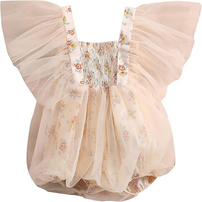 Pink sheer flutter sleeve smocked romper with delicate floral embroidery and gathered bodice detail.