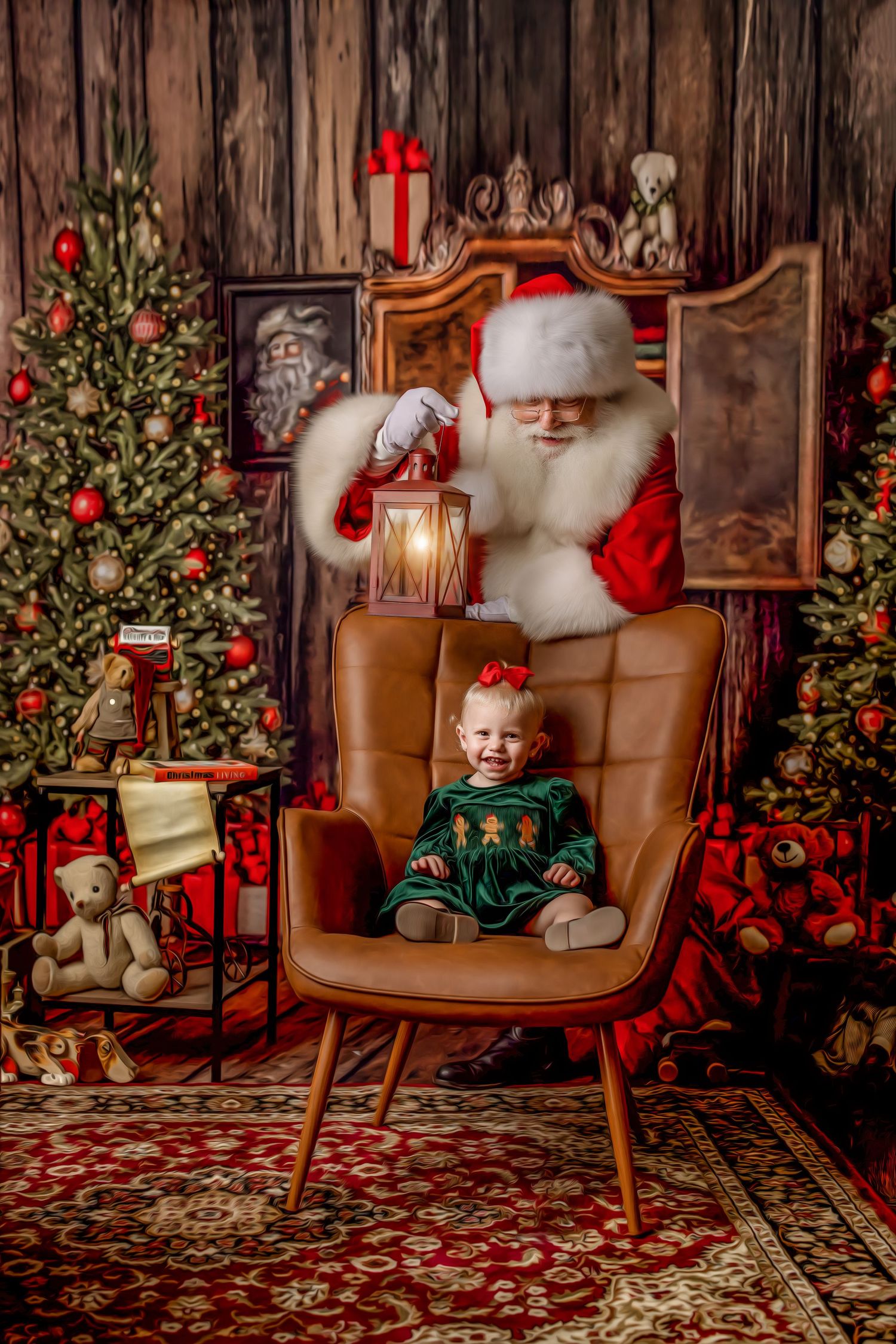 Santa Claus holds a glowing lantern behind a brown armchair decorated for Christmas with trees and ornaments.