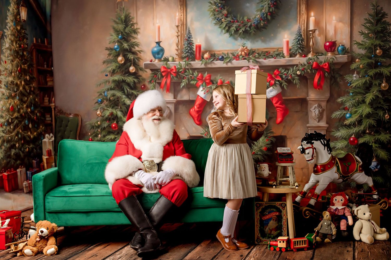 Festive holiday setting with green couch, decorated Christmas trees, stockings, and vintage toys.