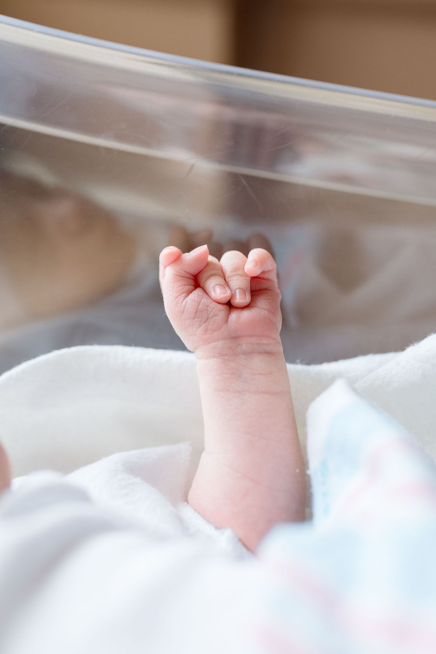 A tiny newborn baby's fist reaches up from white hospital bedding in a clear bassinet during Fresh 48 session in Beaumont, Tx.