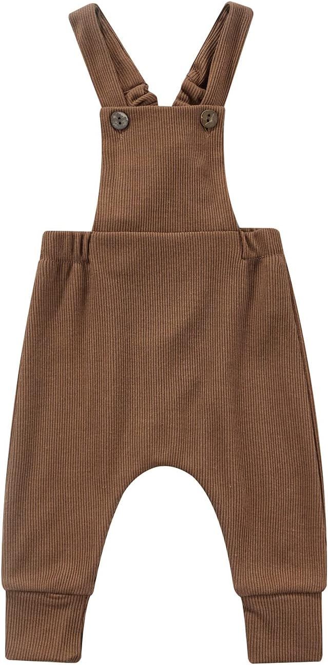 Brown ribbed cotton baby overalls shown from different angles displaying comfortable and casual infant clothing design.