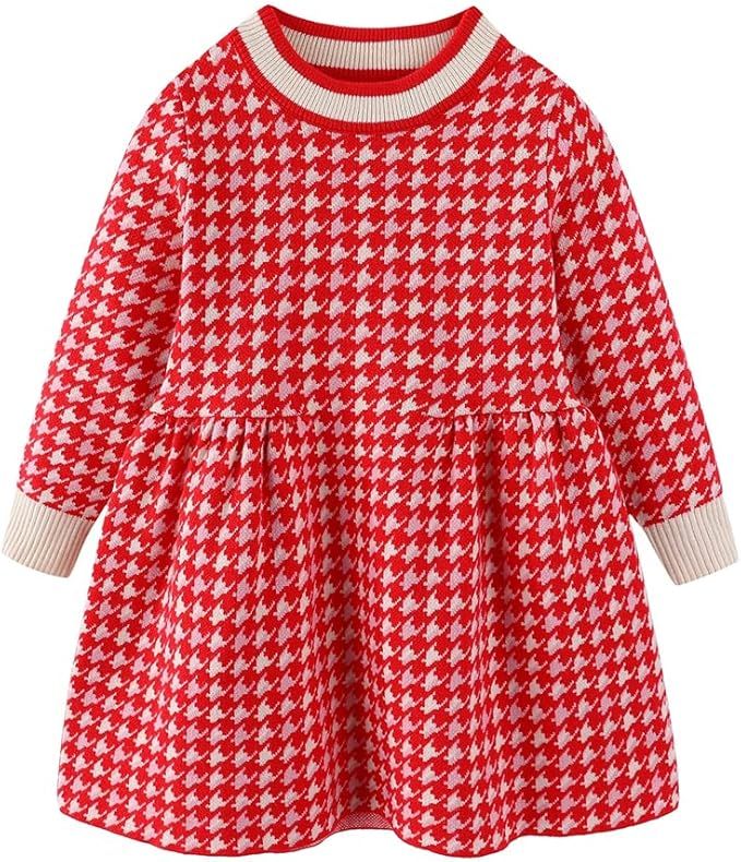 Red and white houndstooth pattern baby dress with long sleeves and ribbed trim shown from multiple angles.