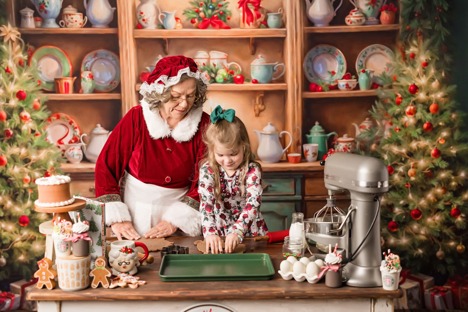 A cozy Christmas baking scene with decorated shelves filled with vintage teapots and holiday decor.