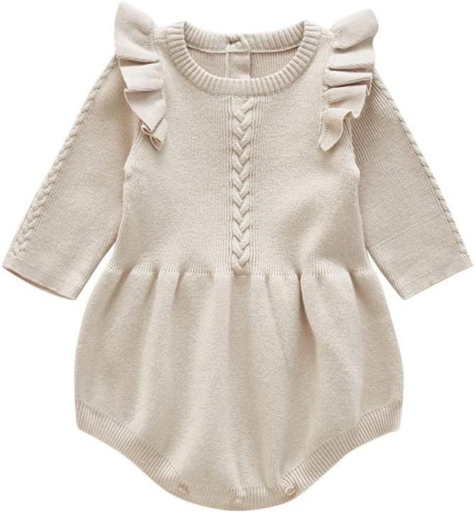 Elegant beige knitted baby romper with ruffle details and cable knit pattern displayed in multiple angles.