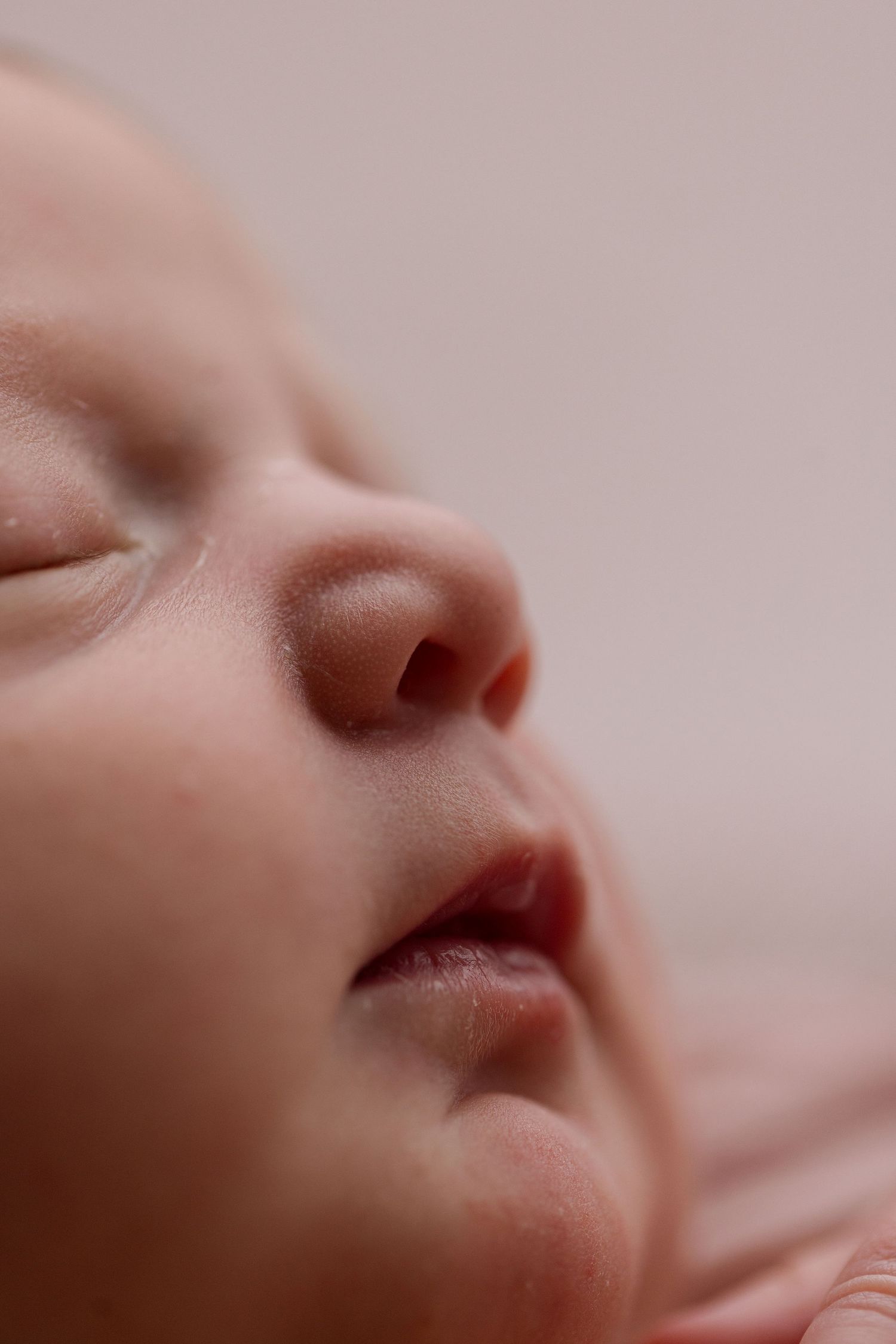 Close-up macro photo of a sleeping baby's nose and mouth in soft lighting against a neutral background.