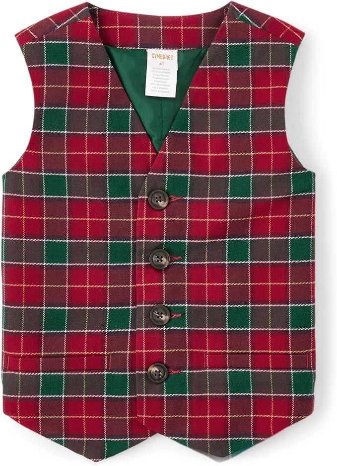 Festive red and green plaid Christmas vest with three brown buttons displayed in multiple angles on white background.