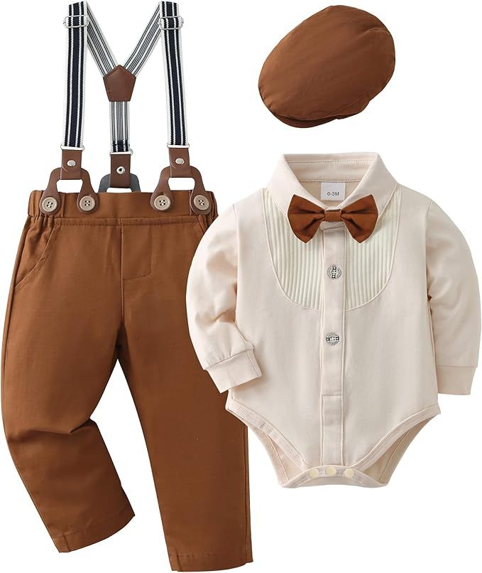 Vintage-inspired baby boy outfit set featuring cream knit cardigan, brown suspender shorts, and matching newsboy cap.