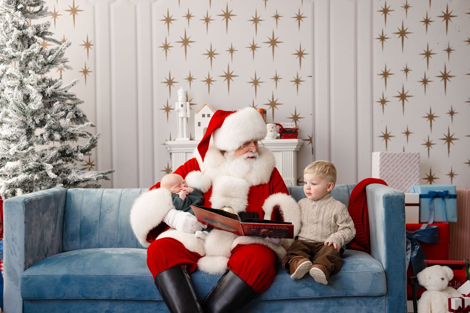 A festive Christmas photo collage showing magical moments on a blue couch with twinkling star decorations in the background.