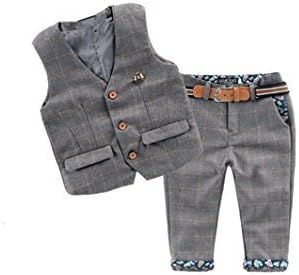 Grey plaid suit separates laid flat showing coordinating vest, pants, and jacket pieces with contrasting floral details.