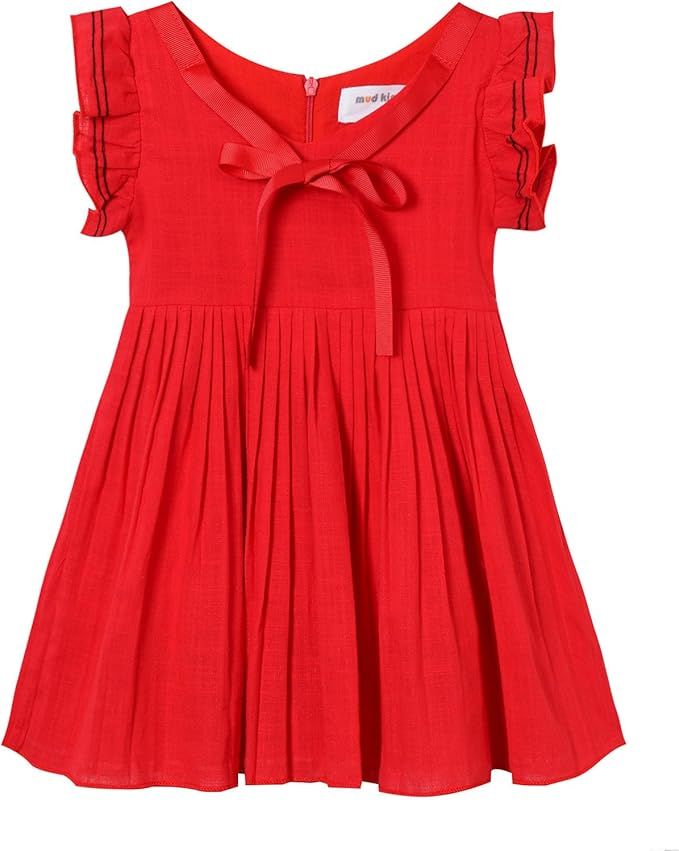 Red cotton dress for girls with ruffled cap sleeves and bow detail at neckline features a gathered skirt and back zipper.