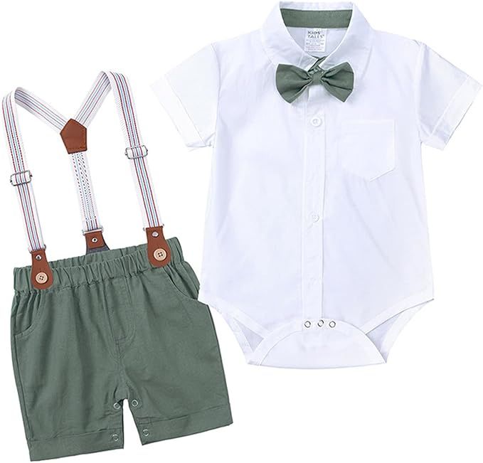 White collared shirt and olive green shorts with suspenders and bow tie set for baby boys and toddlers.