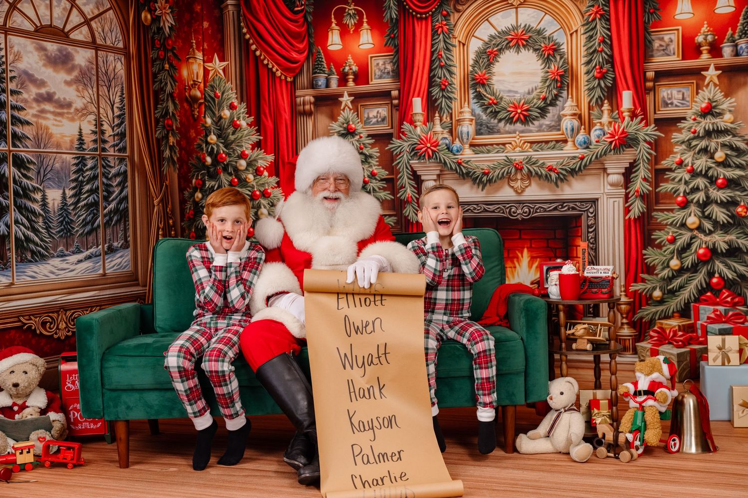 A festive Christmas scene with ornate decorations, holiday lights, and a traditional red and gold color scheme.