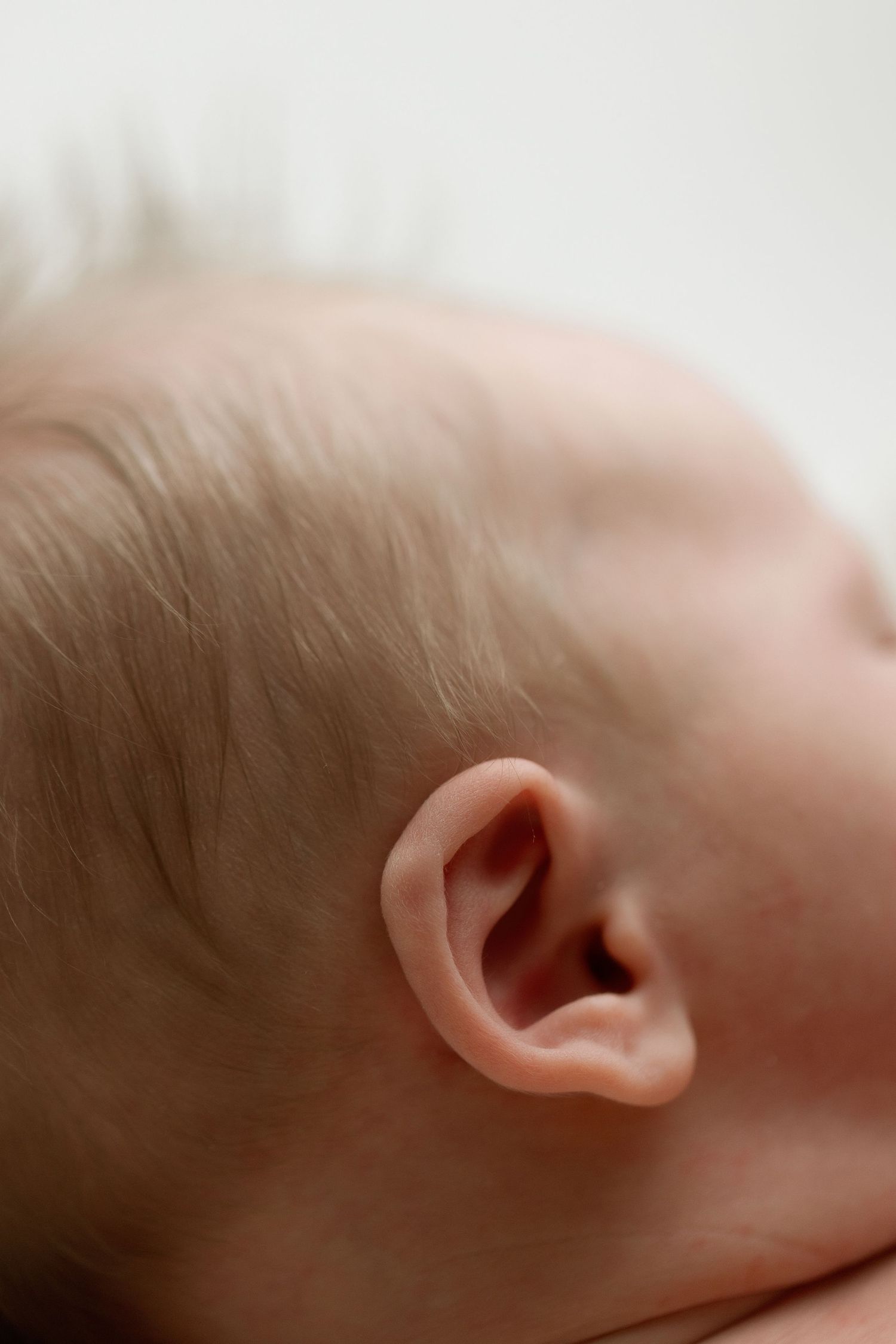 Close-up macro photograph showing the delicate curves of a baby's ear against a soft white background.