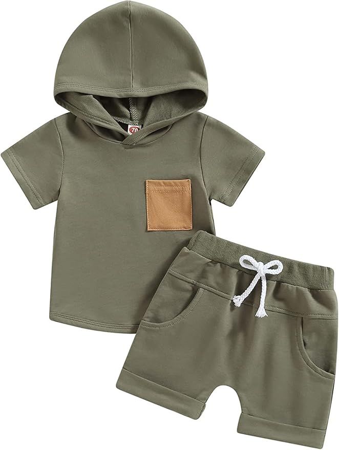 Olive green short-sleeve hooded sweatsuit set with tan leather patch detail shown from multiple angles.