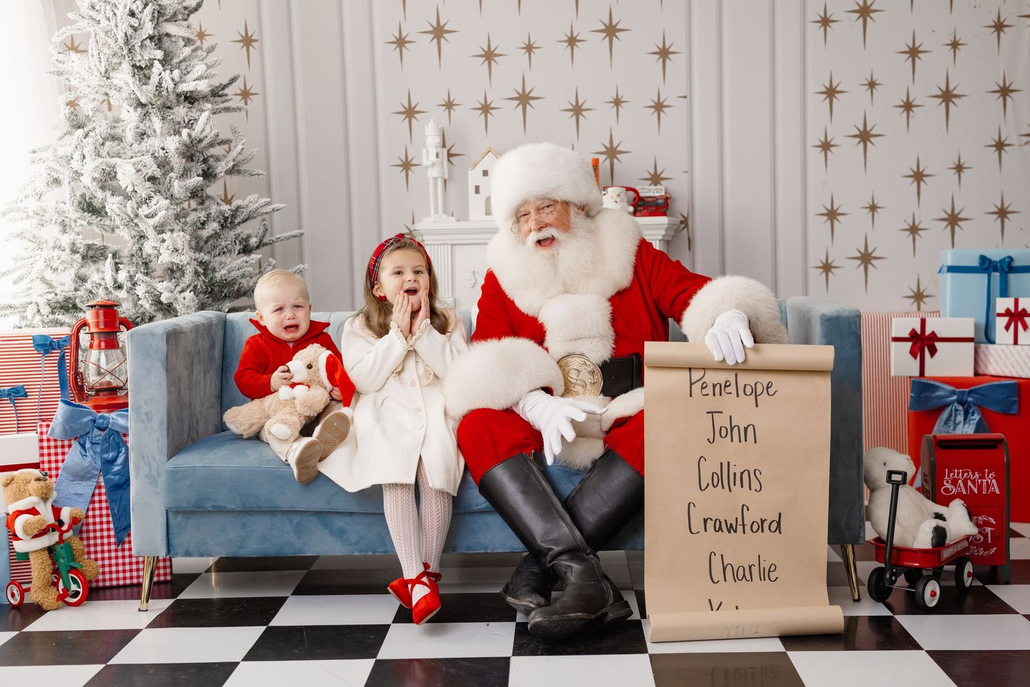 A festive holiday collage showing Christmas decorations, presents, and Santa-themed scenes in a modern interior setting.