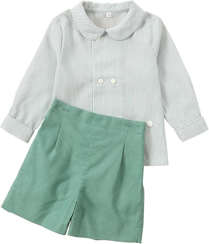 Two-piece baby outfit with gray pinstriped button-down shirt and mint green shorts in classic vintage style.