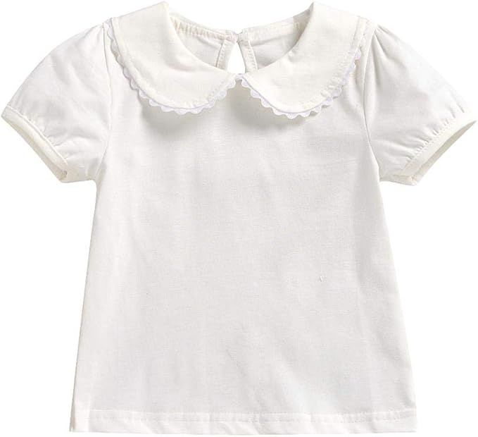 White cotton Peter Pan collar blouse with short sleeves and button closure, laid flat on white background.