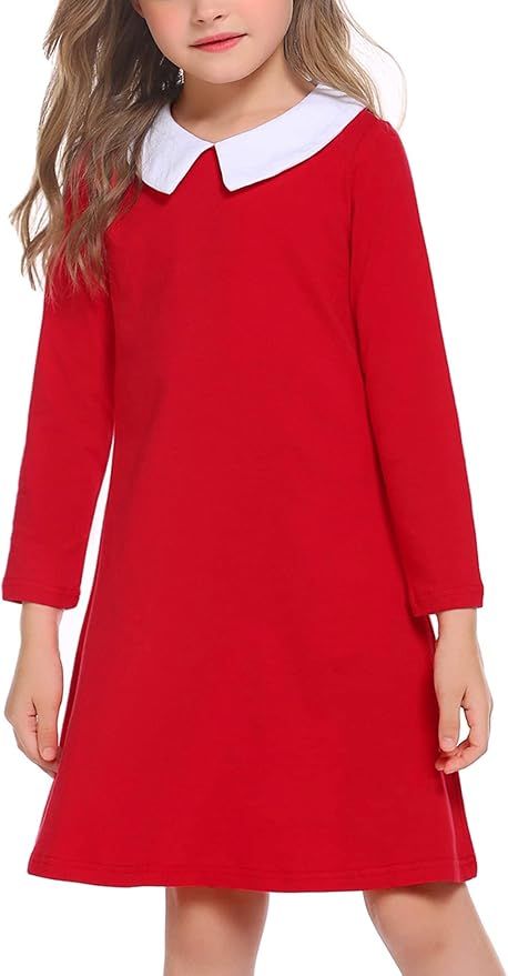 Red dress with white Peter Pan collar shown from different angles on small figure against white background.