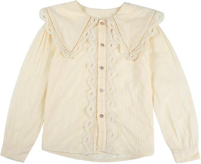 Cream colored vintage style baby blouse with button down collar, ruffled details and long sleeves laid flat in sequence.