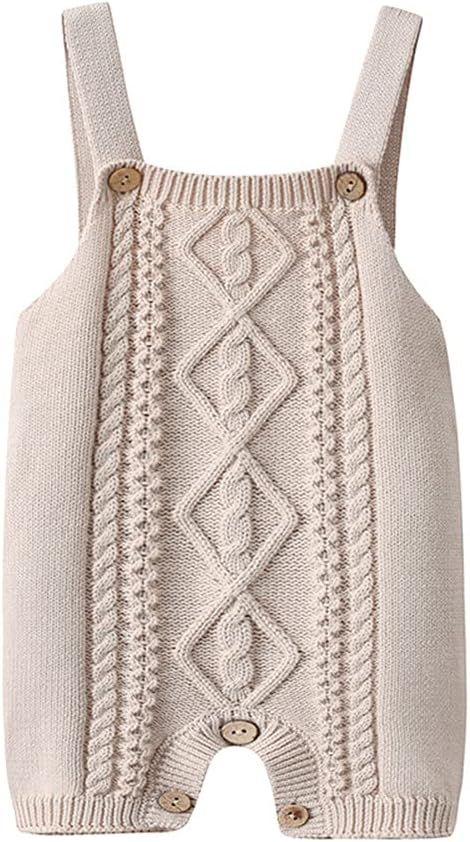 Beige knitted baby romper with intricate cable knit pattern and decorative buttons displayed in multiple views.