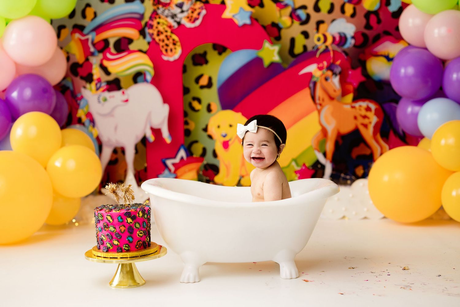 A collage of colorful birthday party scenes with balloons, cake, and festive decorations against a leopard print backdrop.