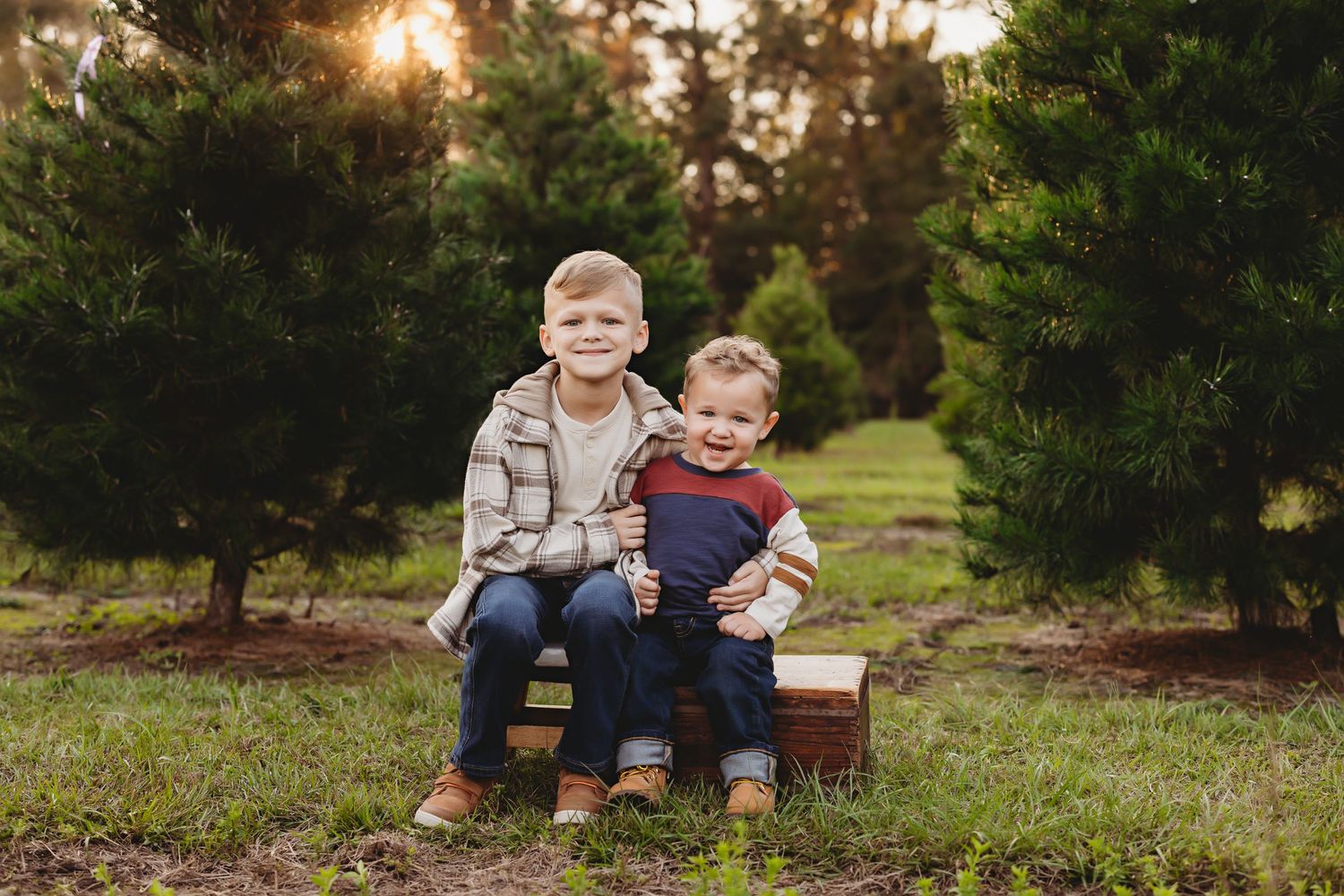 Family candid moments captured in natural outdoor setting with evergreen trees.