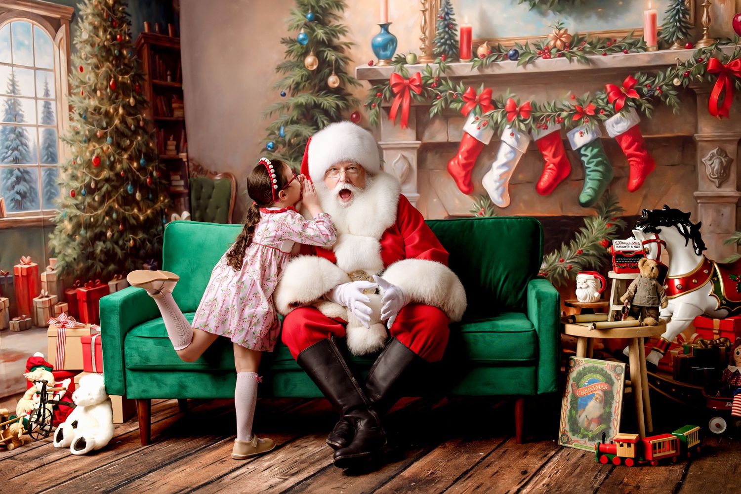 Nostalgic Christmas scene with green sofa, decorated stockings, and vintage holiday decorations.