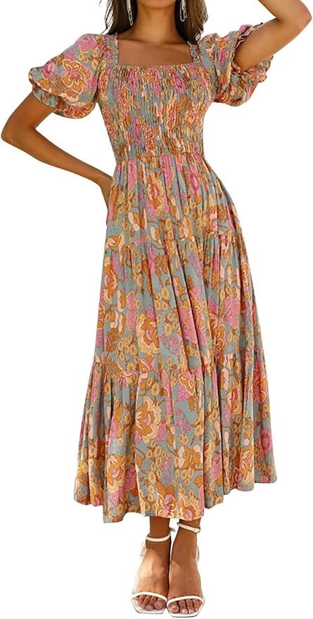 Floral print midi dress with puffy sleeves and empire waistline shown from multiple angles in peach and coral tones.