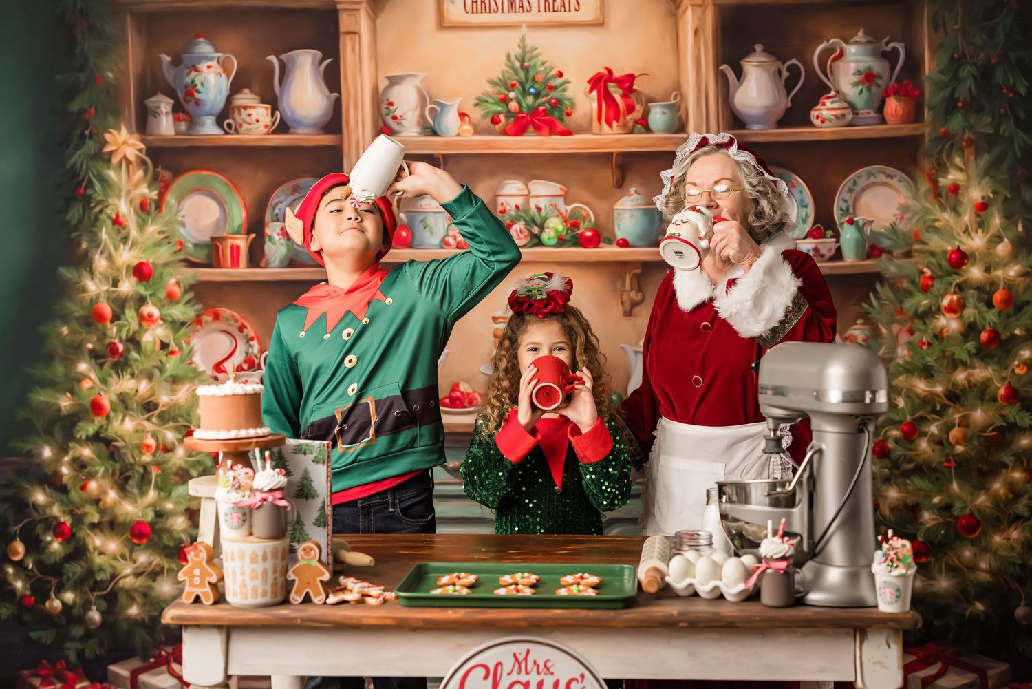 A festive Christmas bakery scene with decorative shelves filled with teapots, holiday decor, and treats.