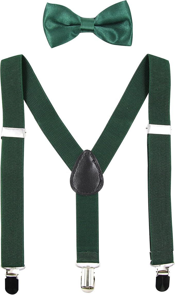 Dark green bow tie and matching suspenders set with silver metal clips and adjustable straps for formal wear.