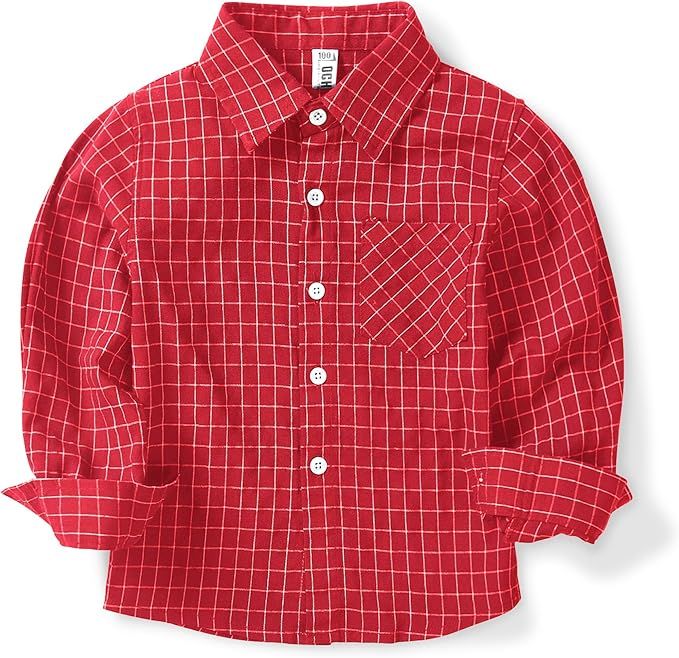 Red and white checkered button-down shirt with chest pocket shown from different angles.