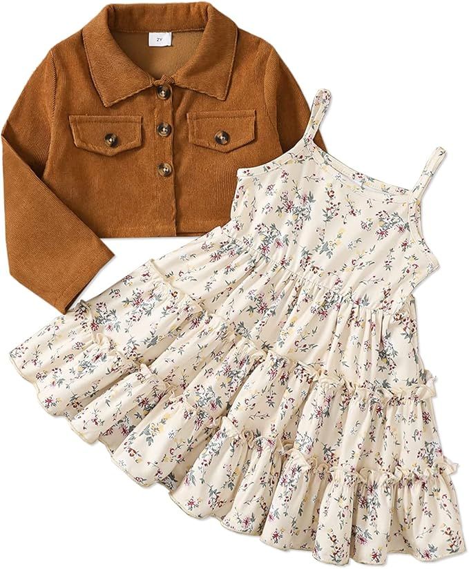 Tan corduroy jacket and floral print dress outfit shown at four different angles against white background.