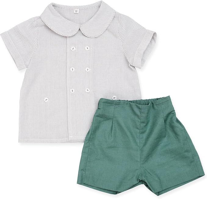 Gray collared shirt with short sleeves paired with sage green shorts shown in multiple product views.