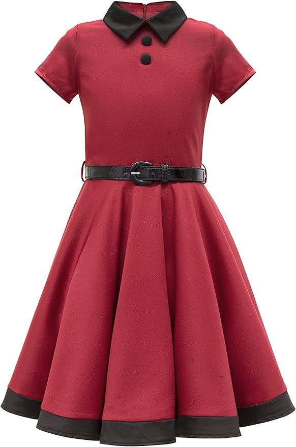 Red and black collared baby dress with pleated skirt and contrast trim shown from different angles.