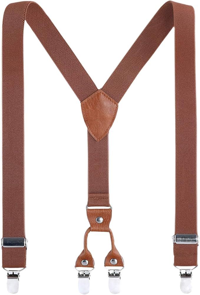 Brown leather suspenders with adjustable straps and silver-tone clips displayed in a row against white background.