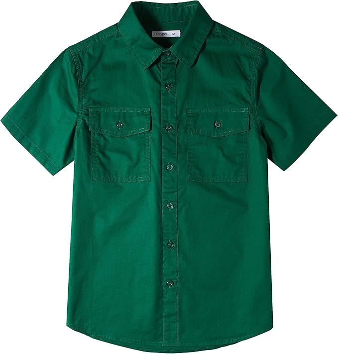 Green short sleeve button-up shirt with chest pockets shown from multiple angles on white background.