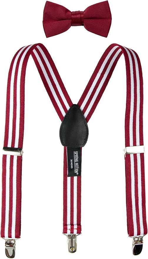 Red and white striped suspenders with matching bow tie featuring classic adjustable clips and elastic straps.