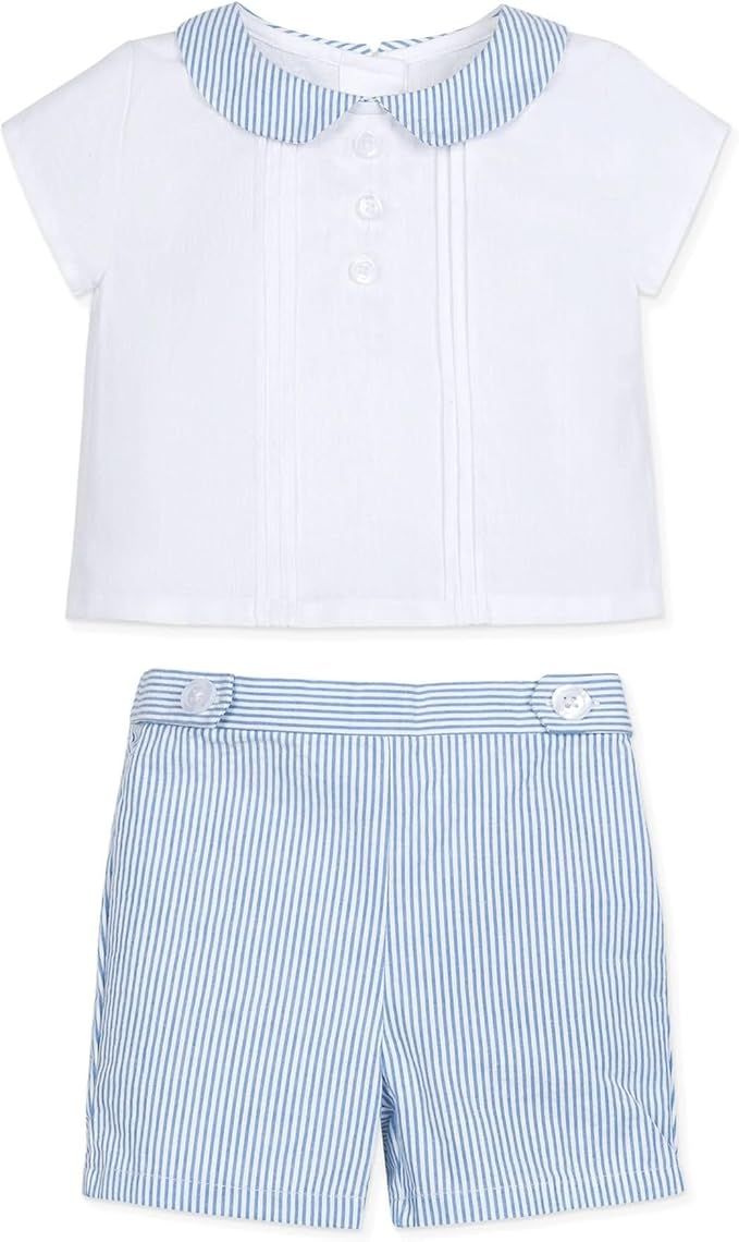 Blue and white striped seersucker baby shorts set with peter pan collar and white bodice in classic style.