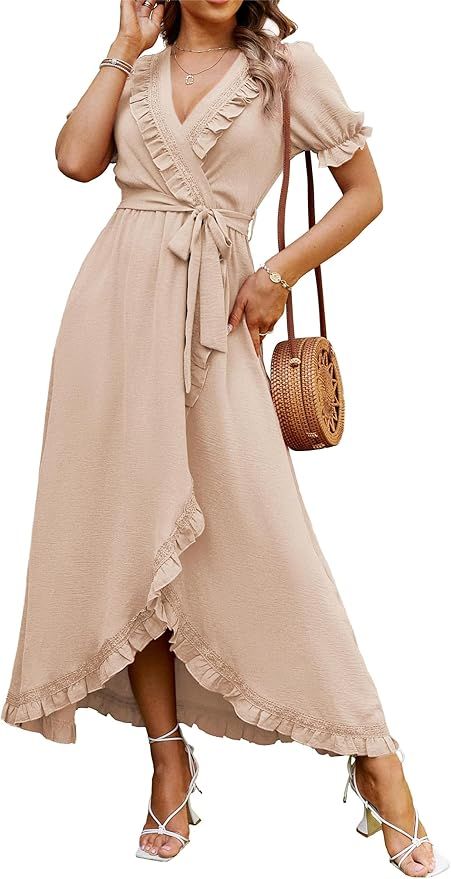 Beige ruffled wrap dress with asymmetrical hem and v-neckline shown from multiple angles with woven handbag accessory.